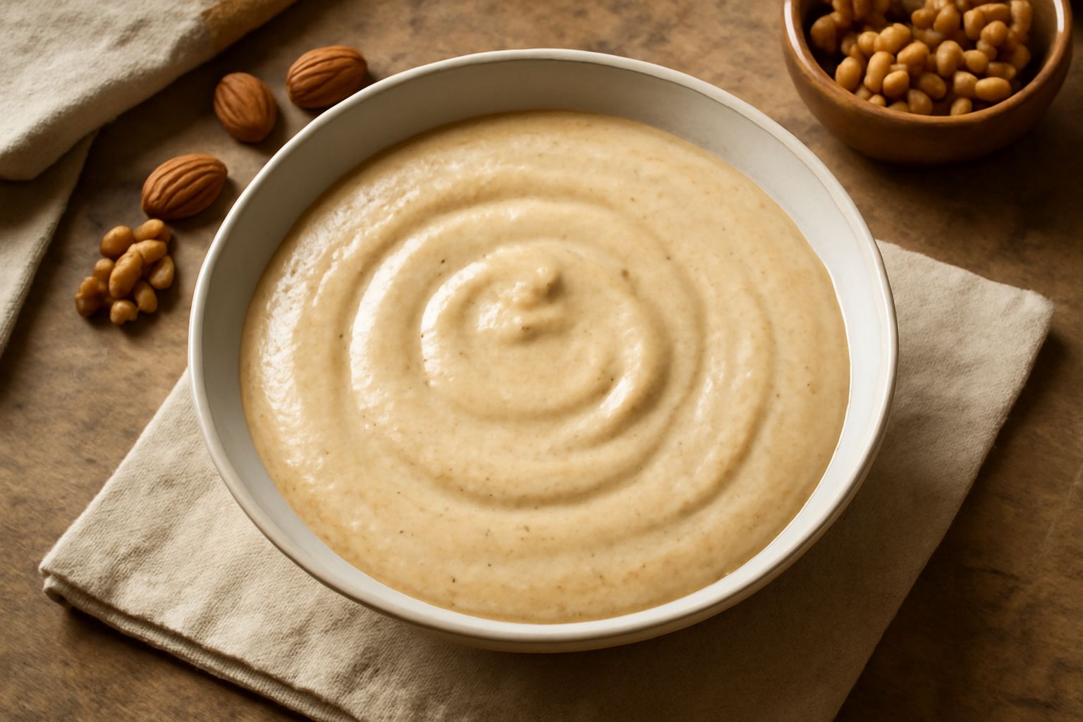 Salsa densa color beige-marrone in una ciotola bianca, con consistenza liscia e omogenea, accompagnata da mandorle e noci intere sul piatto accanto, con un cucchiaio di legno dentro la salsa