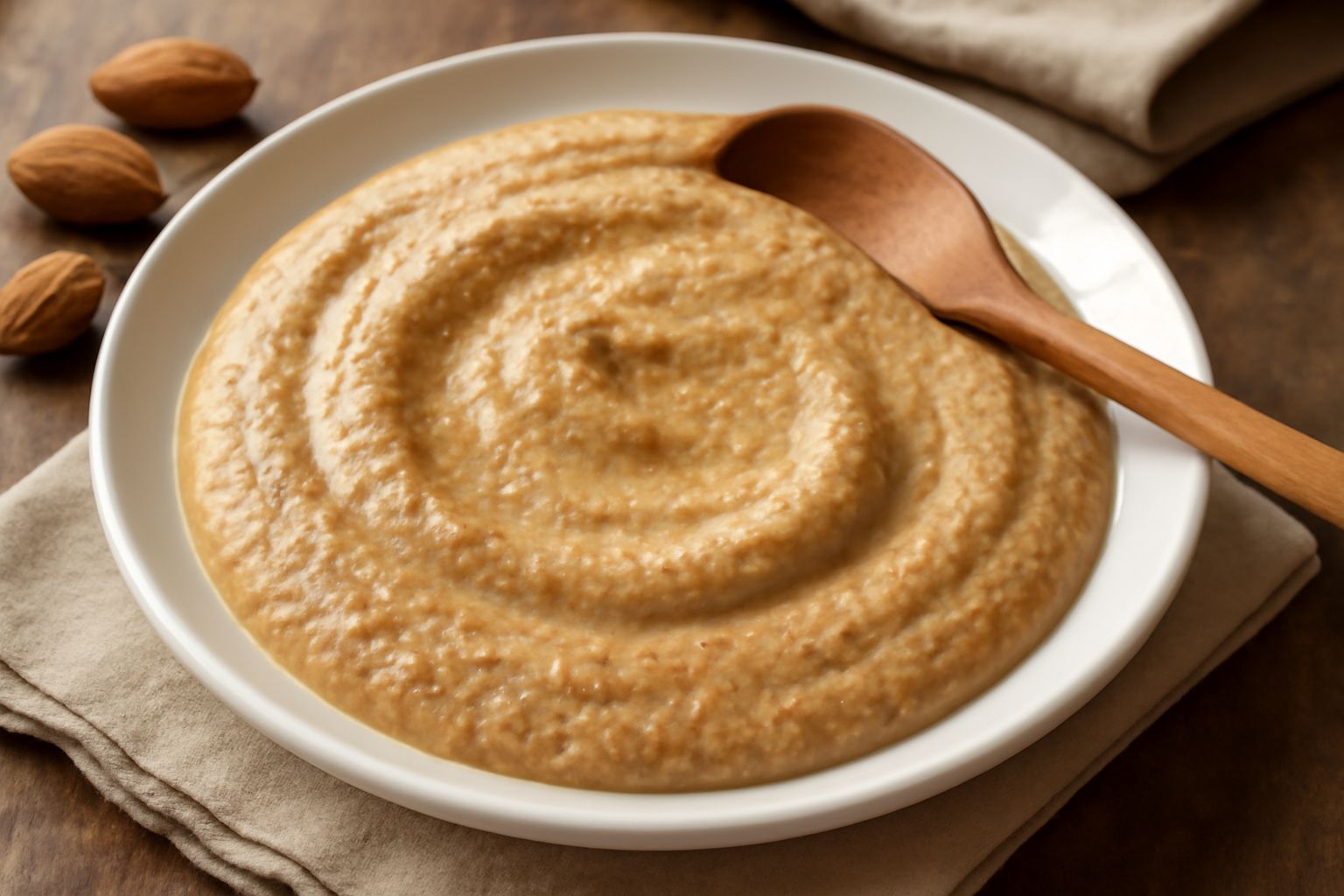 Salsa di mandorle tostate color beige dorato in una ciotola di ceramica, con un cucchiaio che mostra la consistenza cremosa. Mandorle intere sparse attorno e uno sfondo neutro con luce naturale