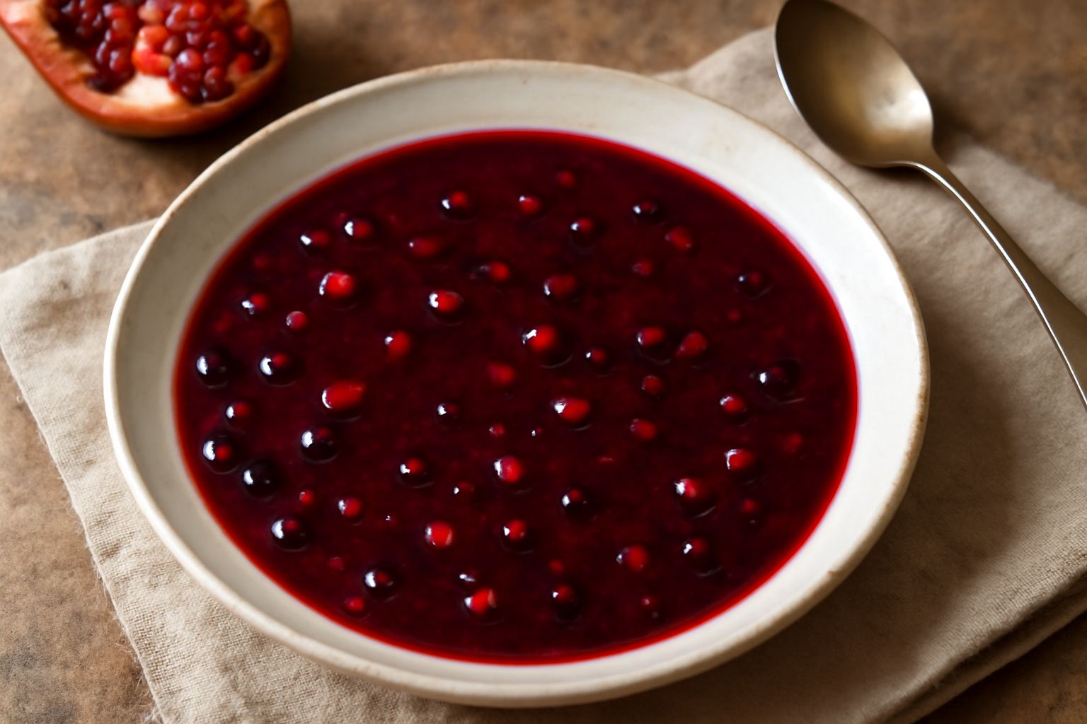 Salsa di melagrana in una ciotola di ceramica bianca, dal colore rosso intenso e brillante, con semi di melagrana visibili sulla superficie e un cucchiaio di legno immerso nella salsa, su un tavolo di