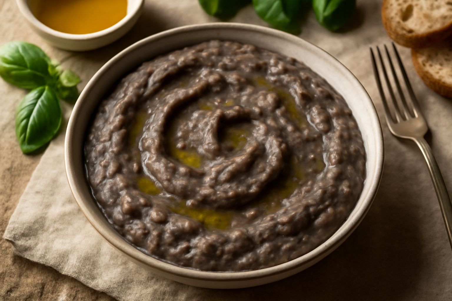 Salsa di melanzana cremosa di colore viola-grigio in una ciotola di ceramica bianca, con fette di pane tostato accanto, gocce di olio d'oliva in superficie e basilico fresco