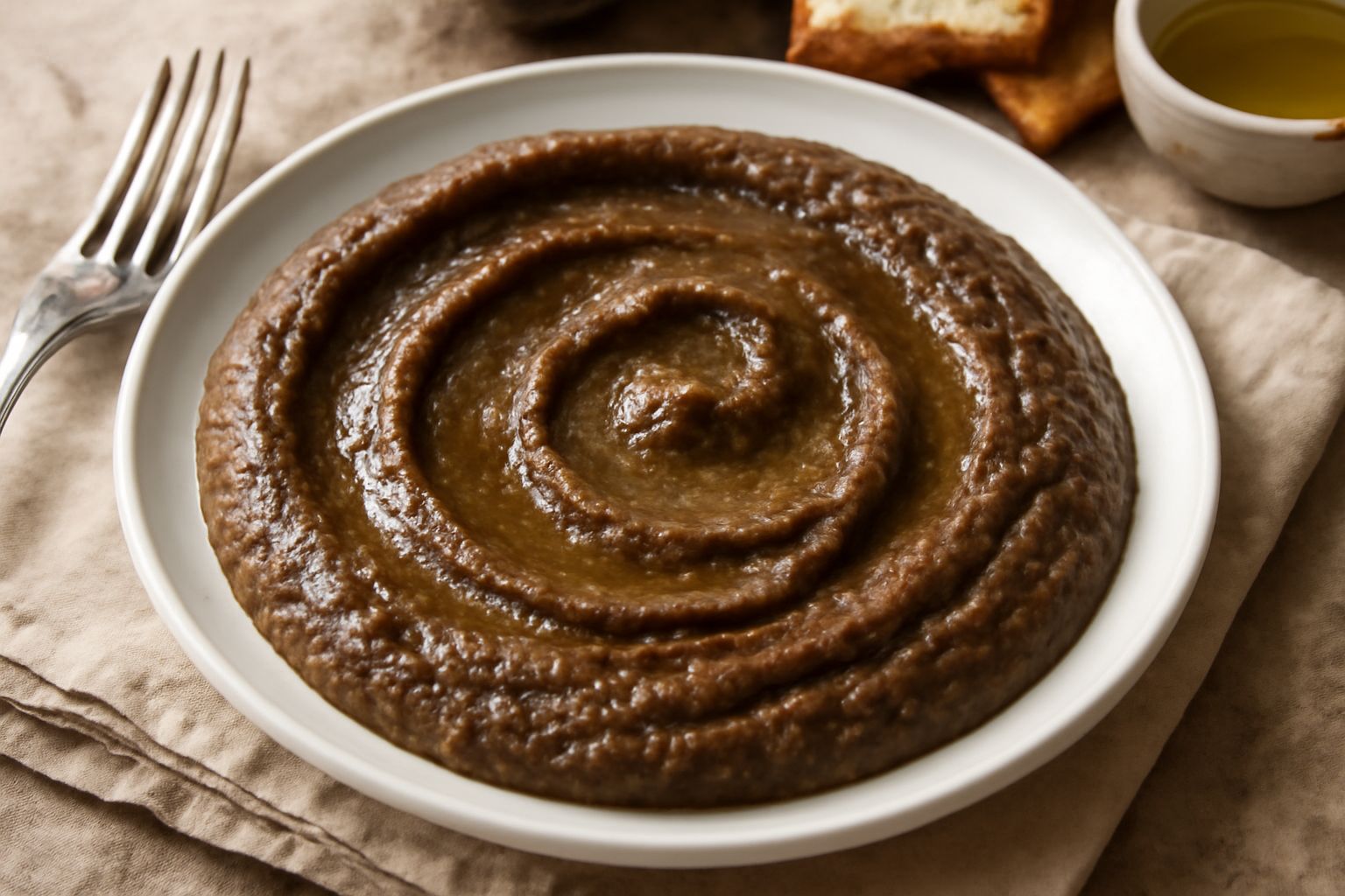 Salsa di melanzane color marrone scuro e cremosa in una ciotola bianca, circondata da fette di pane tostato e rametti di prezzemolo fresco