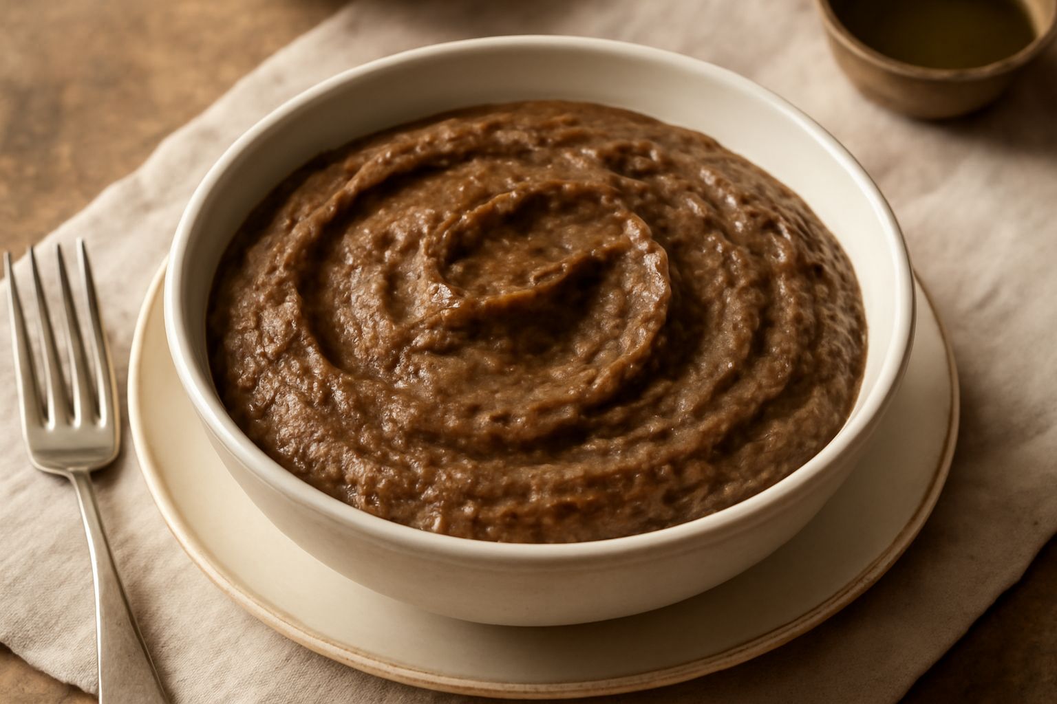Salsa di melanzane affumicate color marrone scuro servita in una ciotola bianca, cremosa e densa, guarnita con fili di prezzemolo fresco e gocce di olio d'oliva dorato