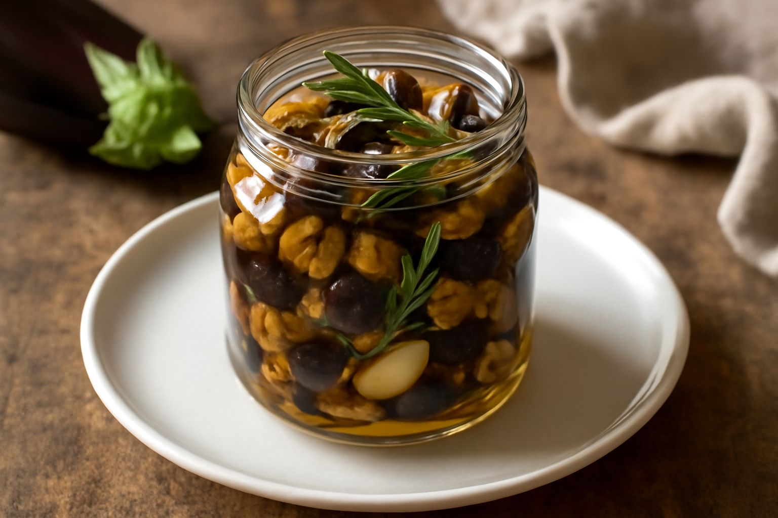 Salsa di melanzane in un barattolo di vetro, con dadini di melanzana scura immersi in olio dorato, aghi di rosmarino fresco e spicchi d'aglio visibili sulla superficie