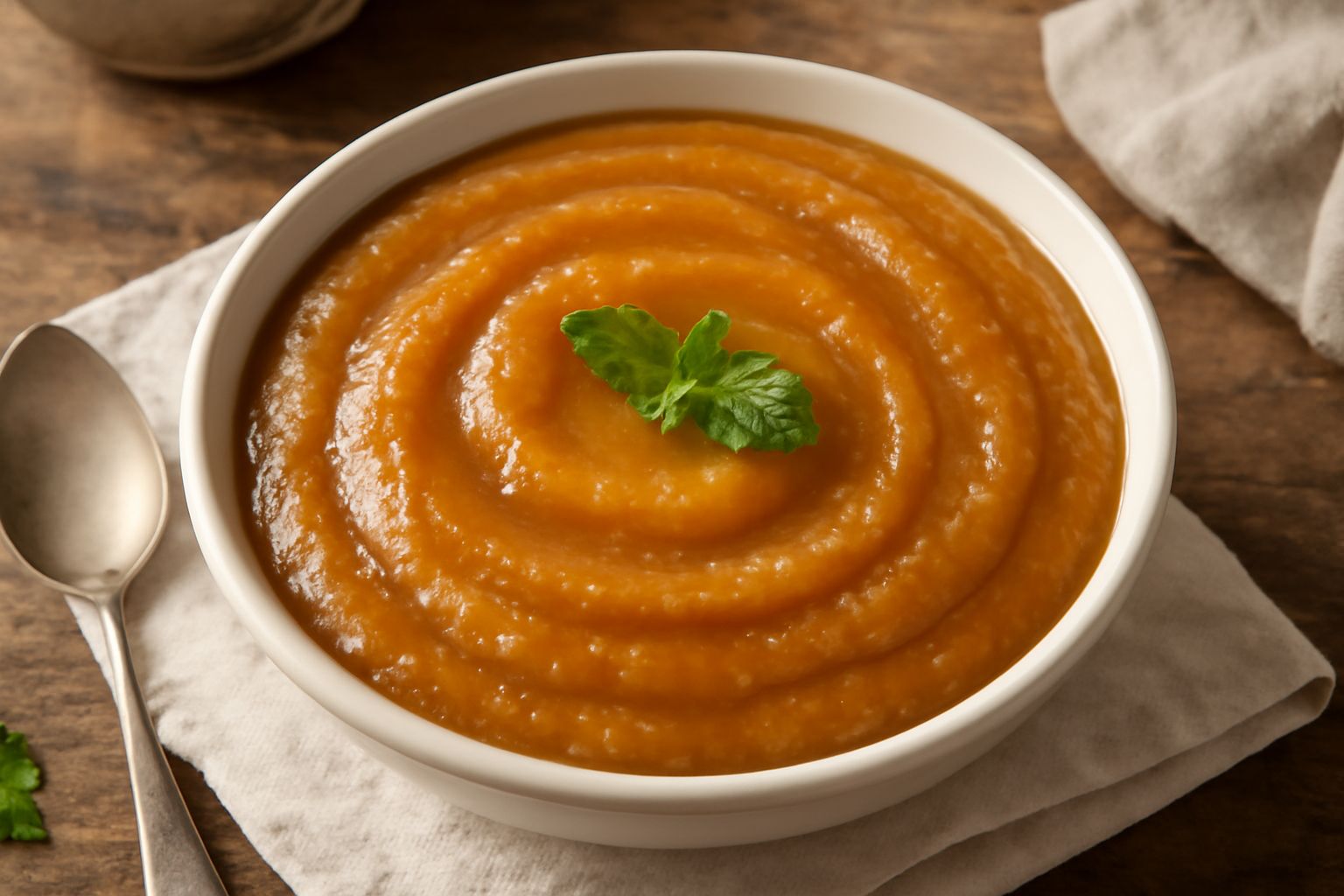 Salsa di mele in ciotola bianca, color ambra scuro, consistenza densa e cremosa, con un cucchiaio di legno, circondata da mele rosse tagliate a metà su tavolo di legno