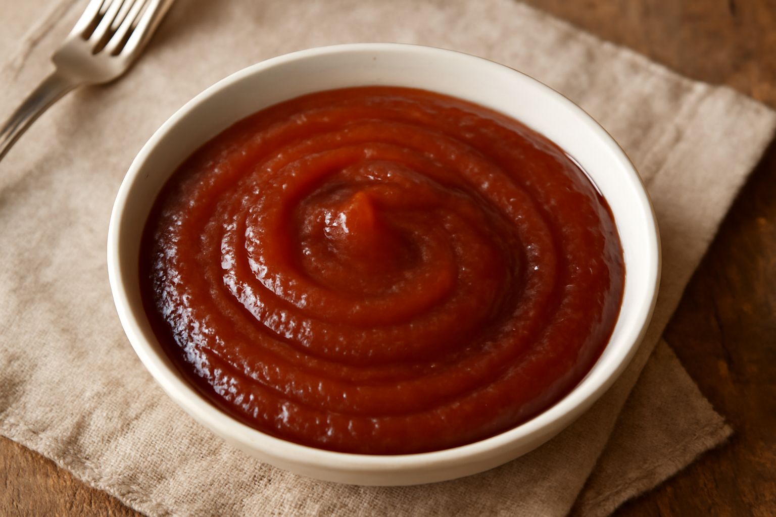 Ciotola di ceramica con salsa di mele cotogne color ambra scuro, densa e lucida, servita con un cucchiaio di legno accanto a due mele cotogne intere gialle e alcune fette di pane tostato