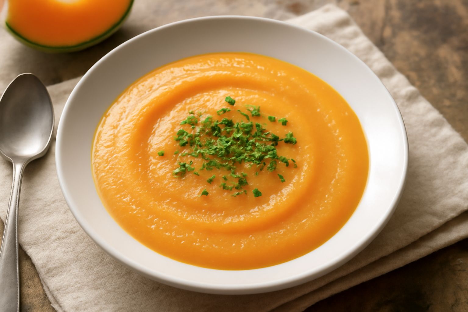 Salsa di melone color arancio chiaro in una ciotola bianca, con accanto una fetta di melone fresco, qualche foglia di menta verde e una cucchiaiata della salsa visibile nel piatto