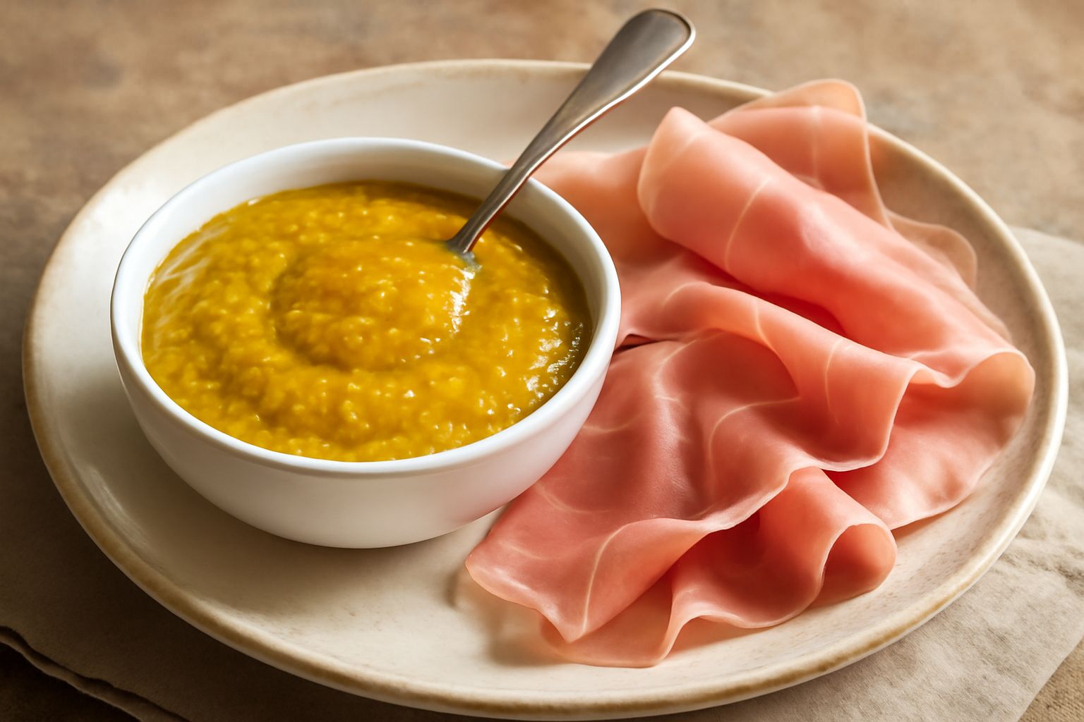 Salsa di mostarda in una ciotola bianca, color giallo ocra con semi di senape visibili, accompagnata da fette di prosciutto e formaggi su un piatto di legno chiaro