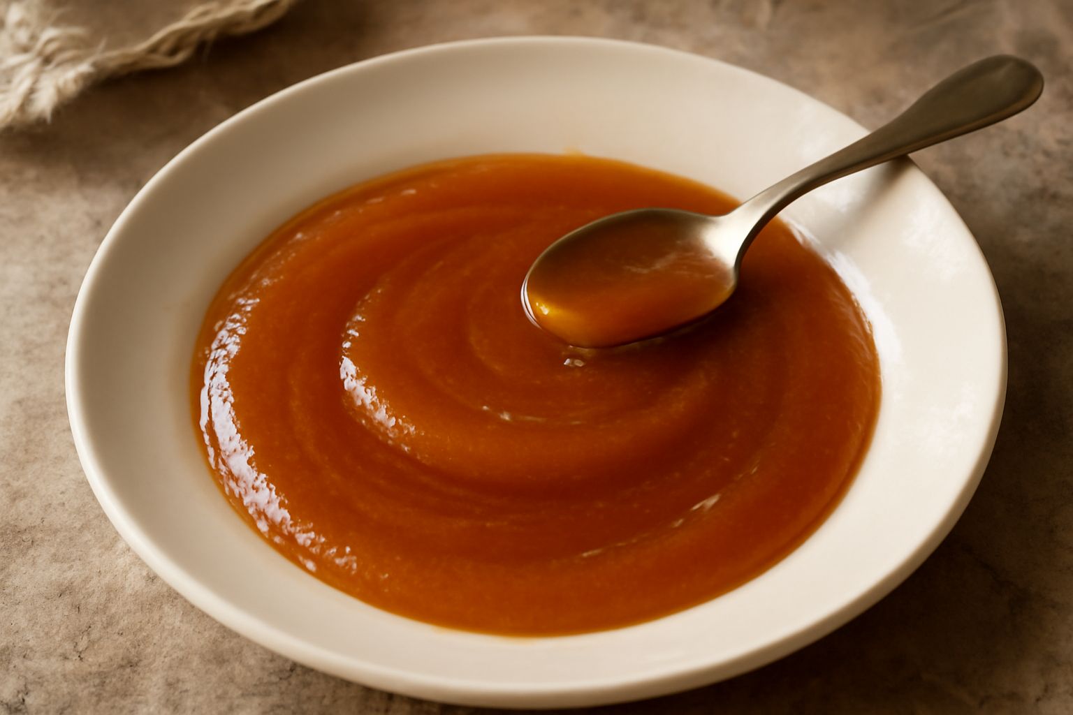Un barattolo di vetro trasparente pieno di salsa di nespola color ambra brillante, con nespole fresche tagliate a metà accanto, su un tavolo di legno chiaro con un cucchiaio d'argento