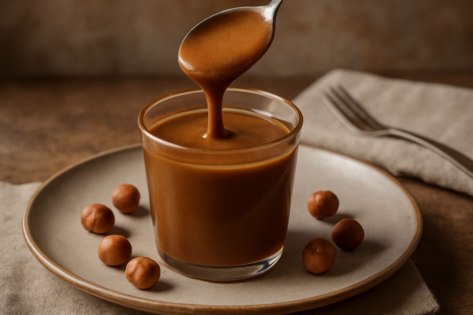 Salsa di nocciola color marrone dorato in una ciotola di vetro, con nocciole intere sparse accanto, cucchiaio di legno immerso nella crema liscia e brillante