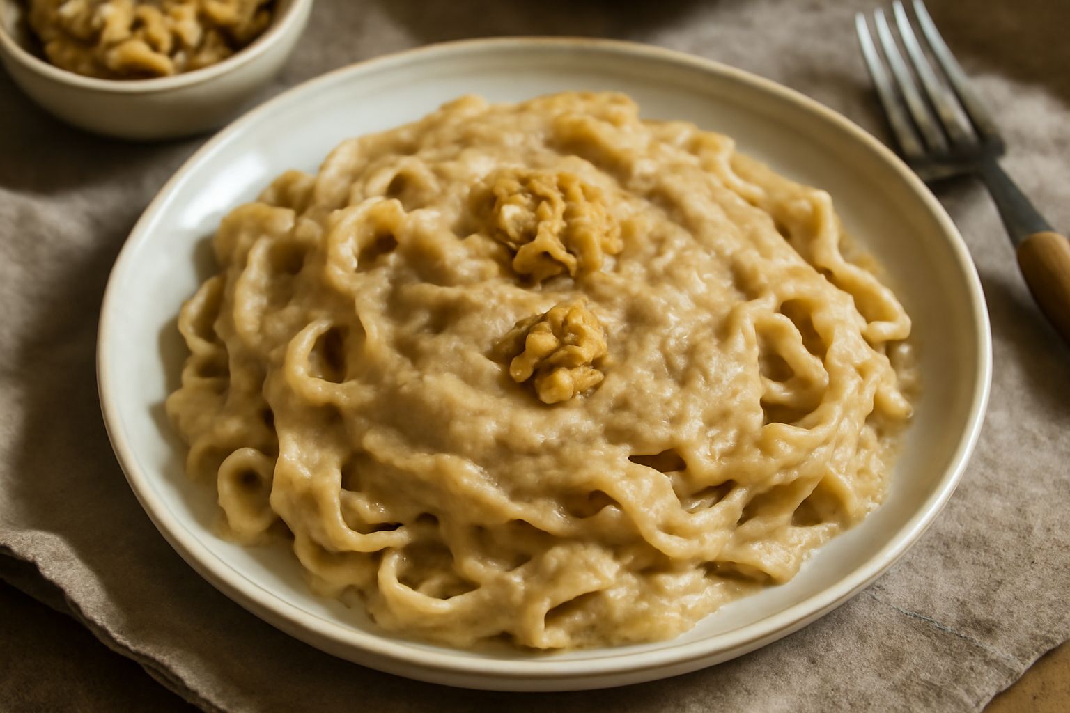 Salsa di noce color beige in una ciotola di ceramica bianca, con noci frantumate visibili in superficie e cucchiaio di legno immerso, servita con pane tostato ai bordi