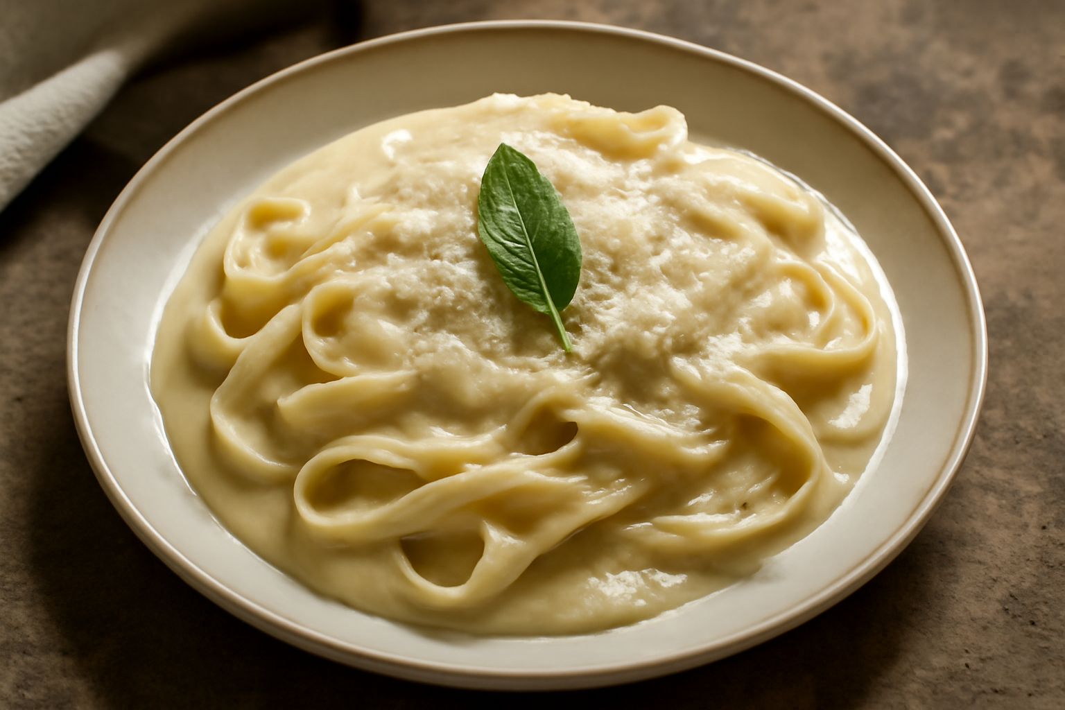 Piatto bianco con ravioli ricoperti di salsa cremosa color nocciola, guarnito con una foglia di salvia fresca e parmigiano grattugiato, con un filo di burro fuso che scivola sulla superficie
