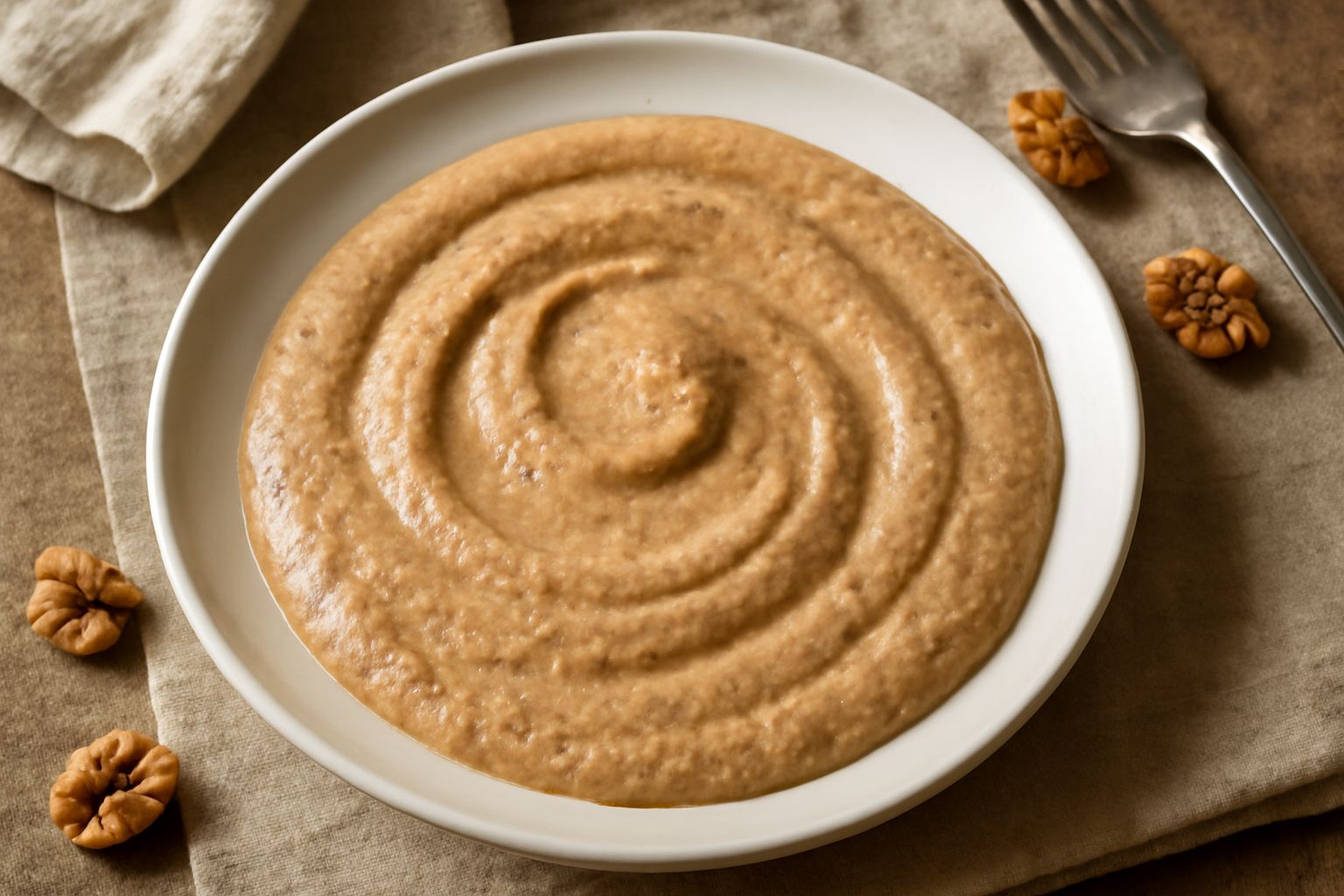 Salsa di noci color marrone chiaro in una ciotola di ceramica bianca, con consistenza cremosa e densa, un filo di olio d'oliva che cade dal cucchiaio, noci intere sparse intorno al bordo