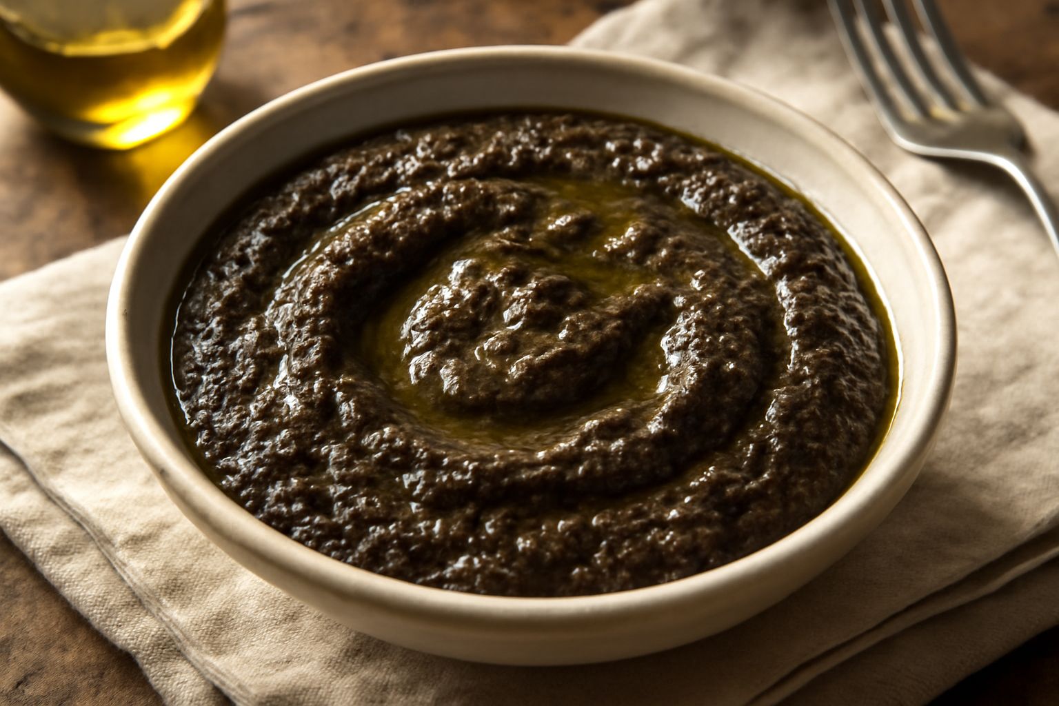 Una ciotola bianca di salsa di olive densa e cremosa, color verde scuro con riflessi neri, con due fette di pane tostato al lato e rametti di prezzemolo fresco sparsi sulla superficie del tavolo di le