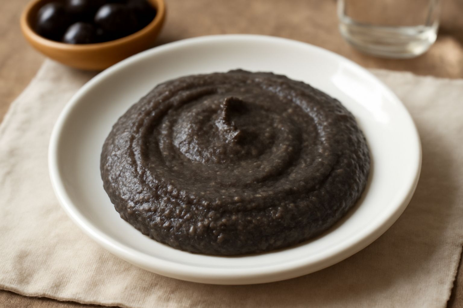Salsa di olive nere liscia e cremosa in una ciotola bianca, colore grigio scuro uniforme, con gocce d'olio in superficie e una foglia di prezzemolo verde a decorazione