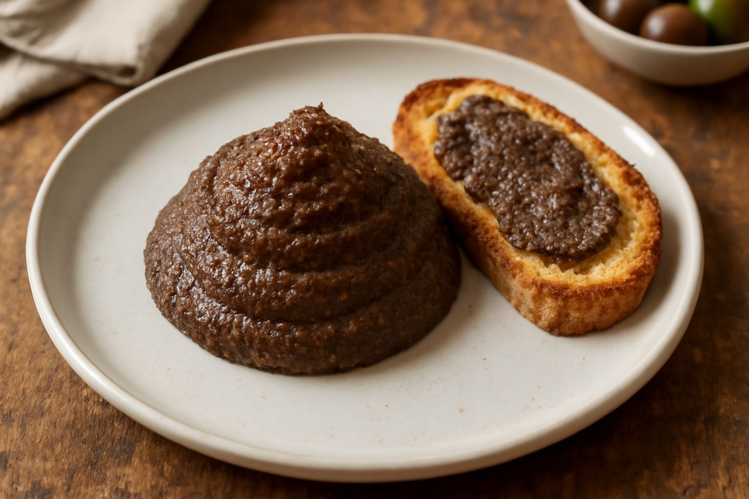 Una ciotola di ceramica bianca contiene salsa di olive taggiasche di colore marrone scuro, cremosa e densa, con un cucchiaio di legno dentro; accanto due olive nere intere e un rametto di rosmarino su