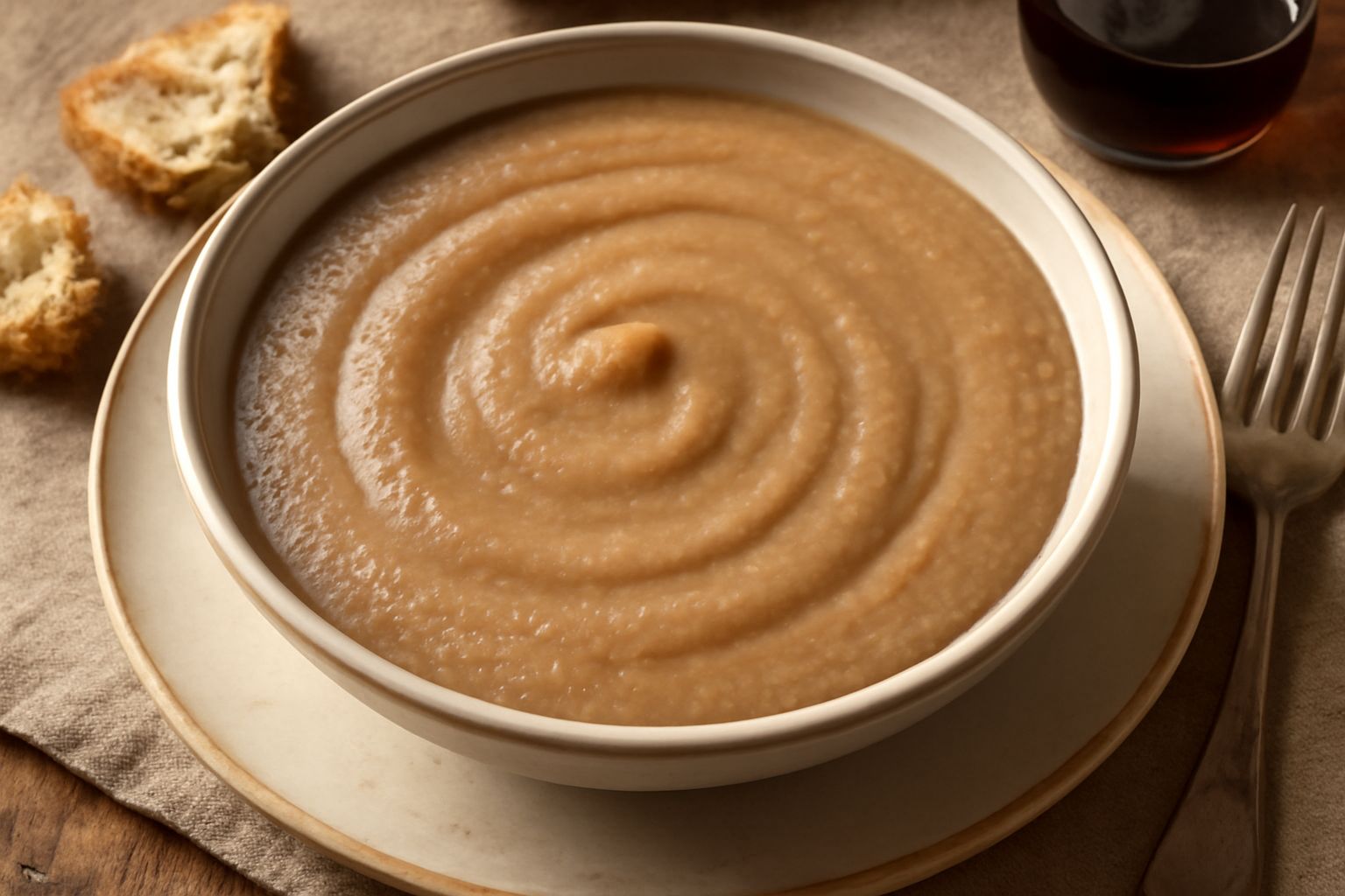 Salsa color nocciola in una ciotola bianca, con consistenza cremosa e liscia. Una cucchiaiata rivela la texture vellutata. Pane scuro a fette sullo sfondo, bottiglia di aceto bianco, brodo chiaro in u