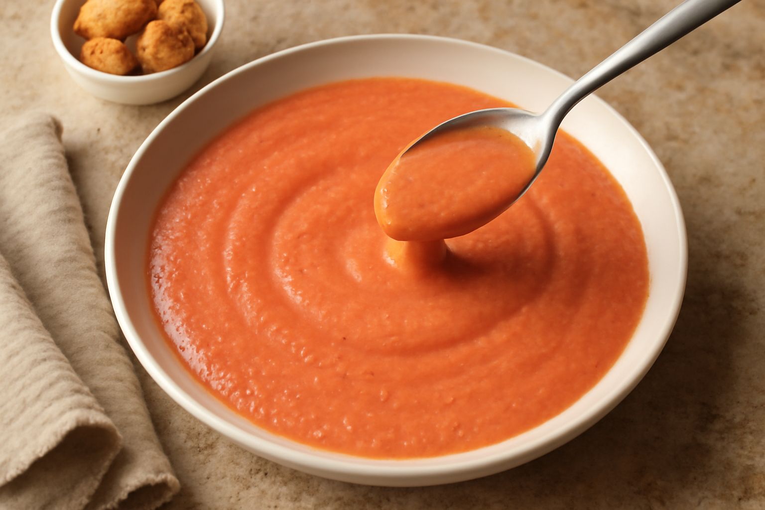 Salsa di pane e pomodoro cremosa e omogenea in un piatto bianco, di colore rosso corallo, con una cucchiaiata che mostra la consistenza densa e vellutata, accompagnata da un rametto di basilico fresco