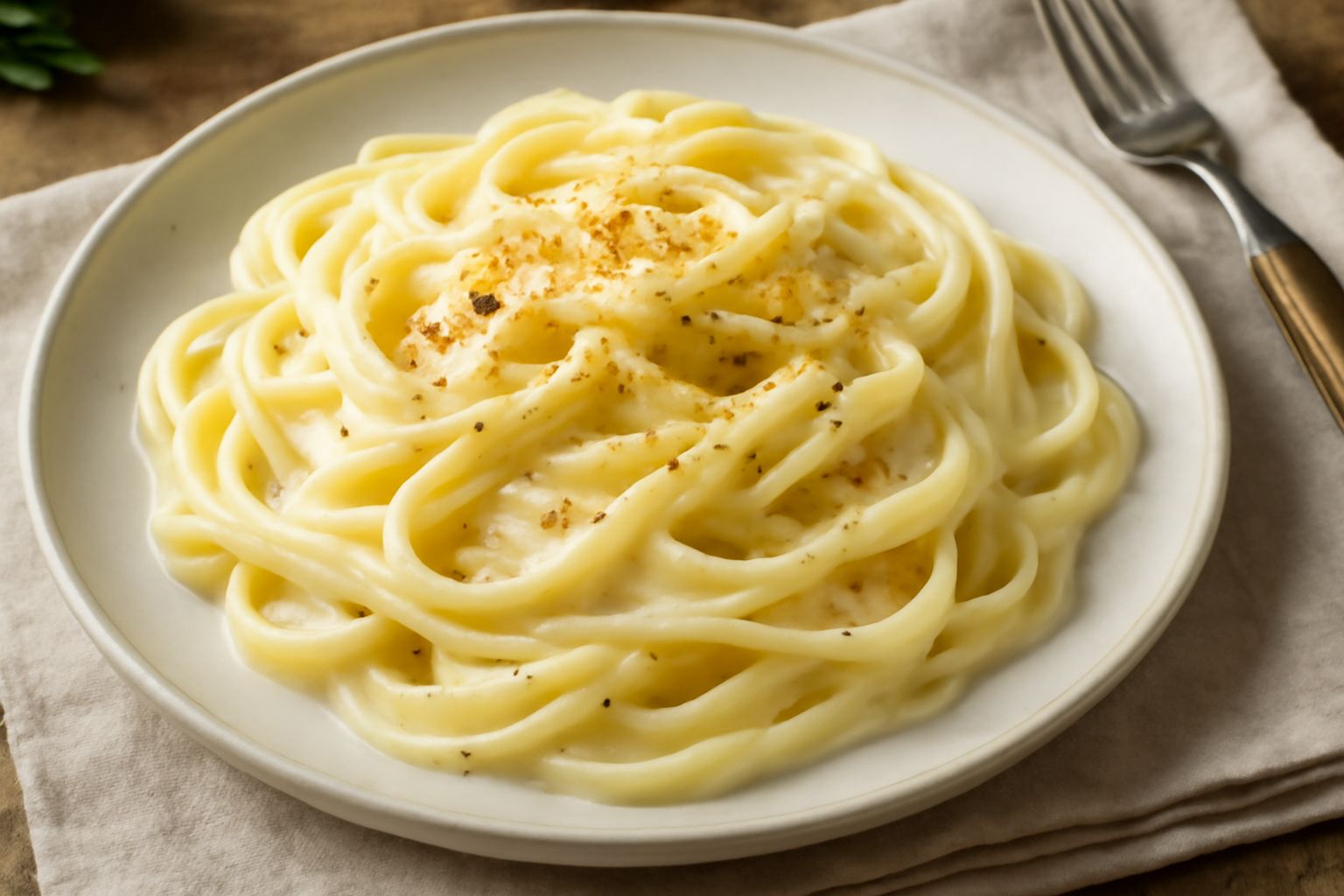 Salsa di panna e formaggi color crema versata in un piatto bianco, con striature di parmigiano grattugiato e pepe nero in superficie, fiamma bassa di sfondo