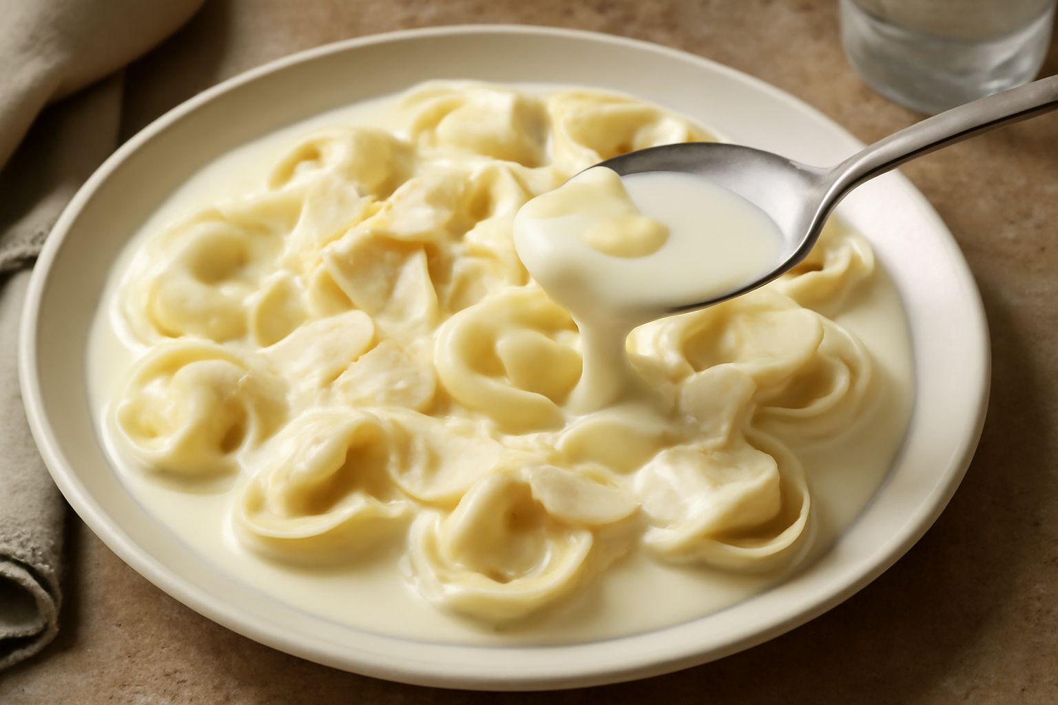 Salsa di panna e formaggio color bianco crema versata su un piatto di pasta fresca, con scaglie di parmigiano e prezzemolo verde, consistenza vellutata visibile