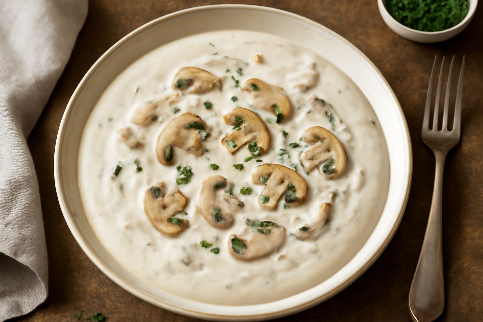 Piatto di tagliatelle al forno coperto di salsa bianco-marrone densa, con fettine di funghi marrone chiaro visibili in superficie, guarnito con prezzemolo verde fresco e una macinata di pepe nero