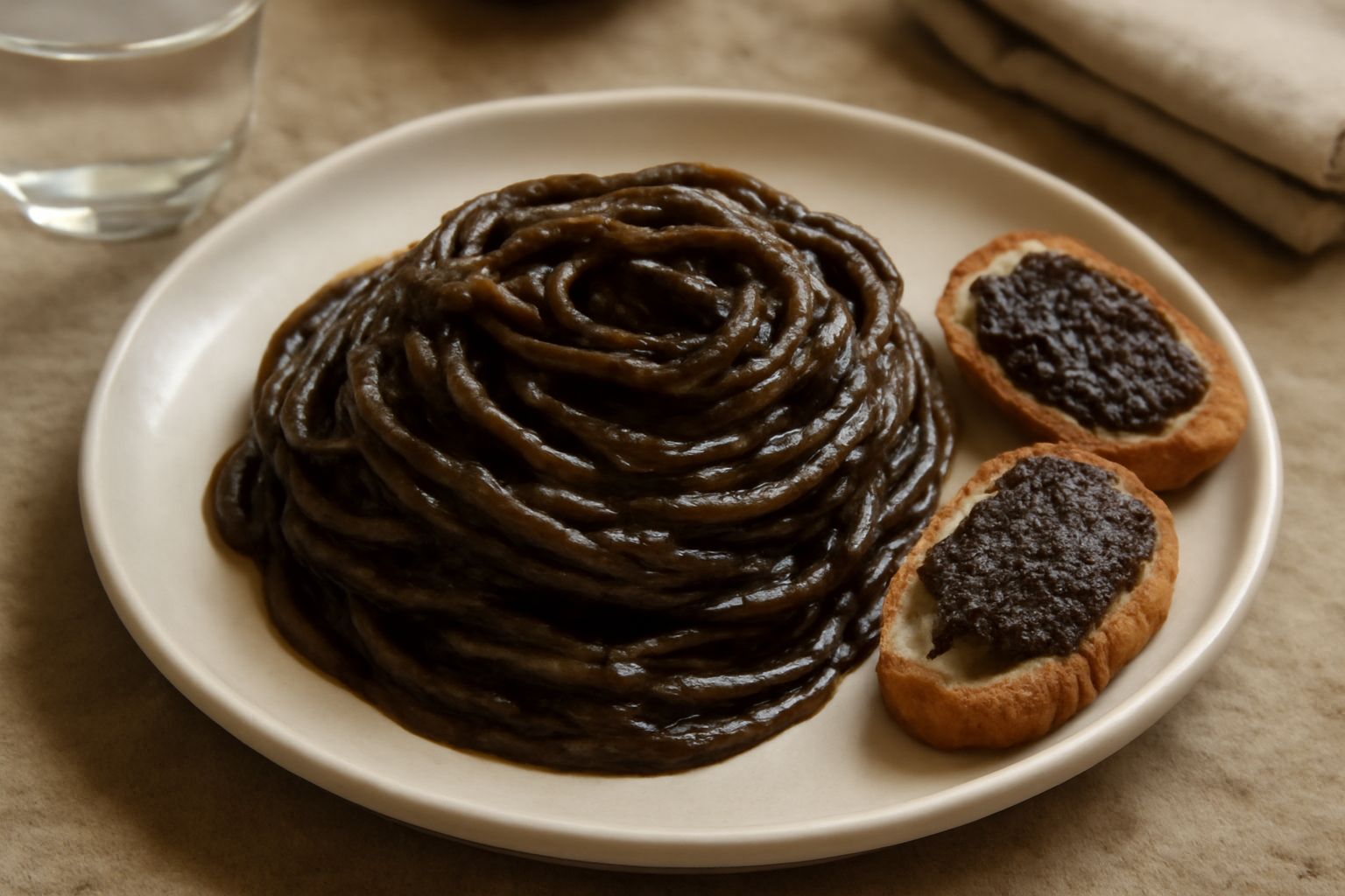 Salsa di pasta d'acciughe marrone scura in una ciotola bianca, con superficie liscia e lucida, accanto a un cucchiaio di legno, olio d'oliva e spicchi di limone fresco