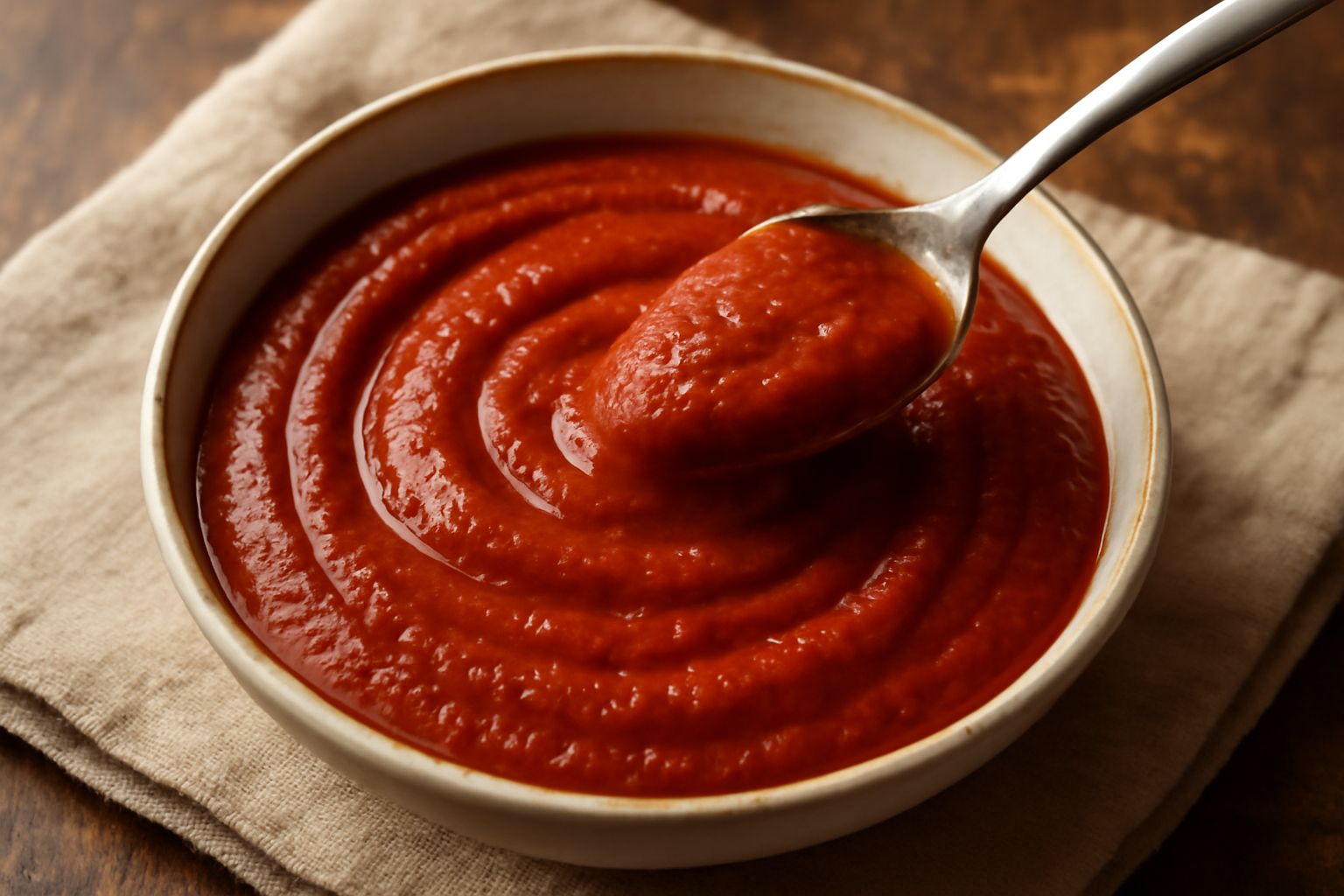 Salsa di pasta di peperoni rossi lucida e densa in una ciotola di ceramica bianca, con cucchiaio di legno immerso, accanto a peperoni rossi freschi e una fetta di pane tostato