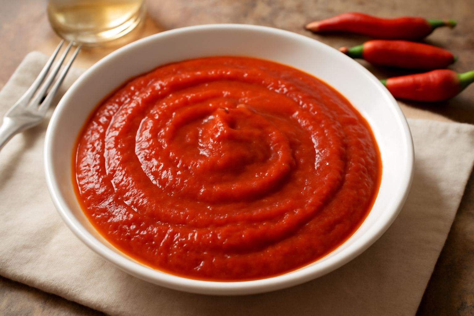 Ciotola di ceramica bianca con salsa di peperoncino rosso brillante, uniforme e lucida, servita su un tavolo di legno con peperoncini freschi e rossi accanto