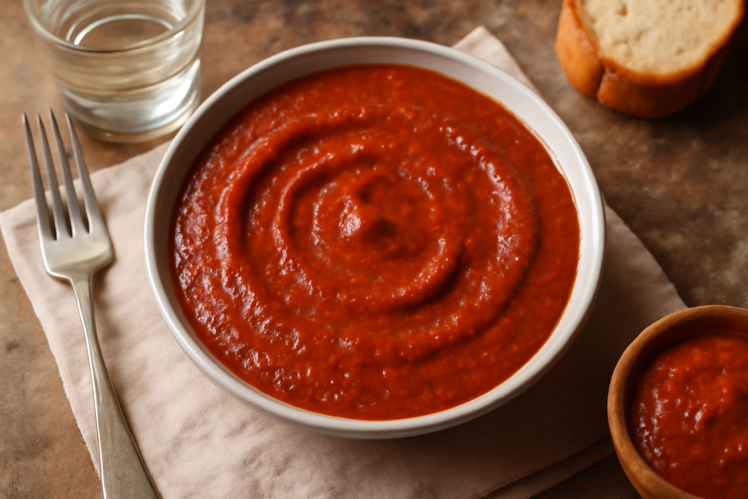 Salsa di peperone crusco in una ciotola di ceramica bianca, colore rosso intenso, con texture densa e morbida, peperoni rossi essiccati su un tavolo di legno accanto