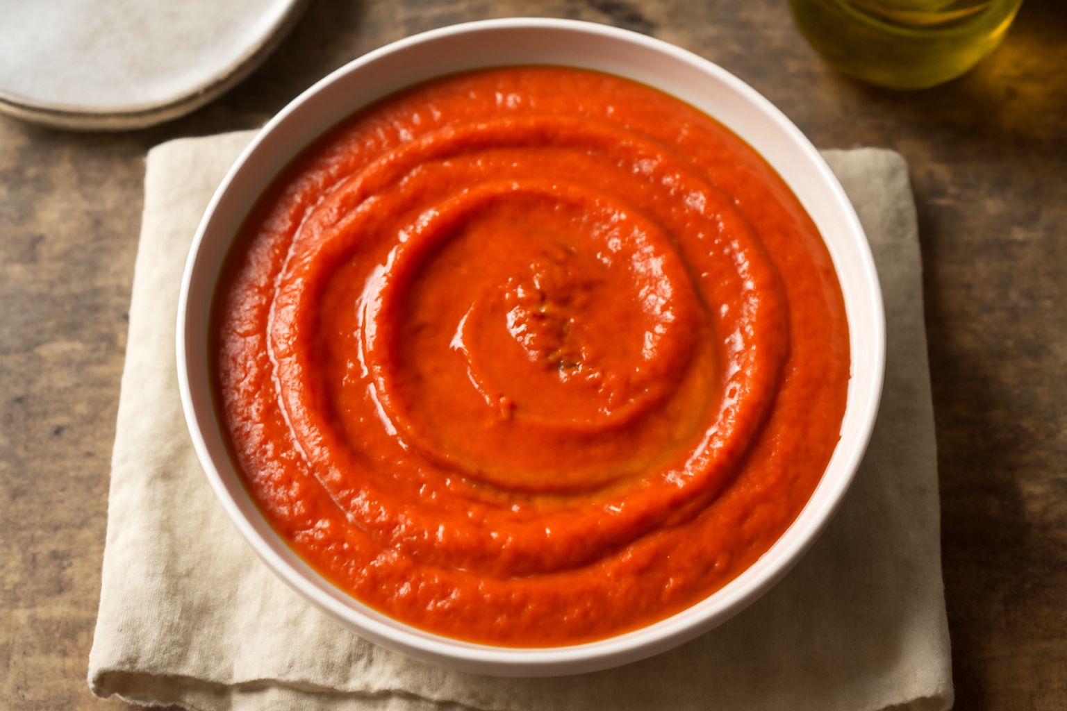 Salsa di peperoni arrosti dal colore rosso vivo, cremosa, versata in una ciotola bianca con un filo di olio extravergine in superficie e un cucchiaio di legno dentro