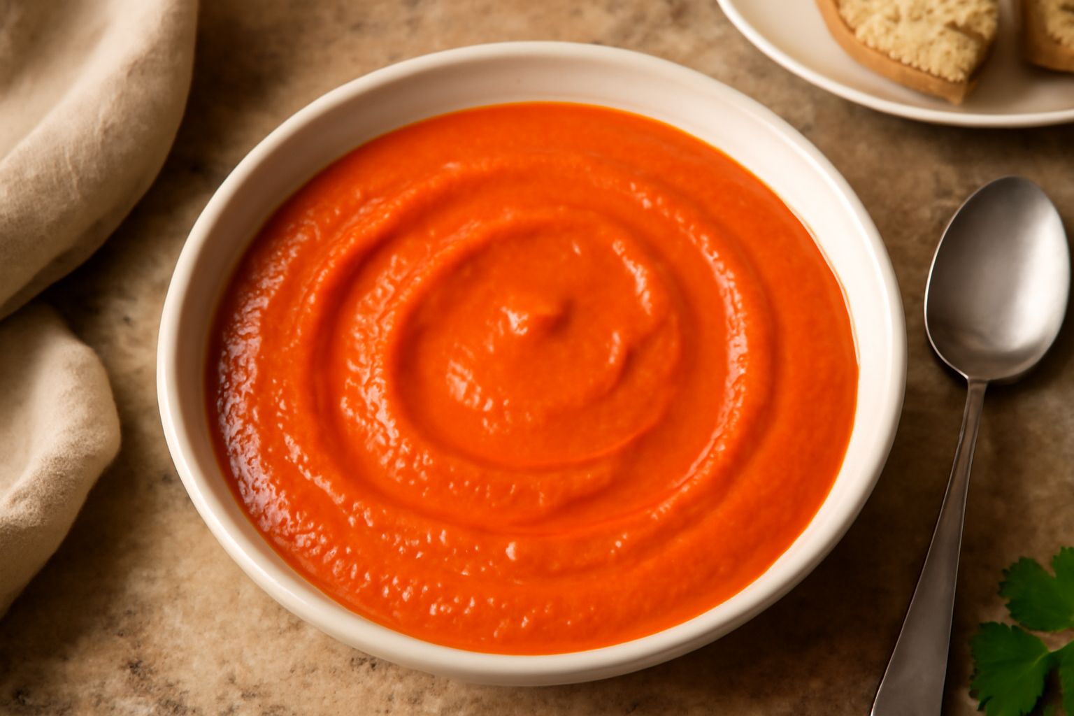 Salsa di peperoni arrostiti rossi in una ciotola bianca, cremosa e lucida, con filo di olio d'oliva in superficie, peperoni arrostiti interi sullo sfondo scuro
