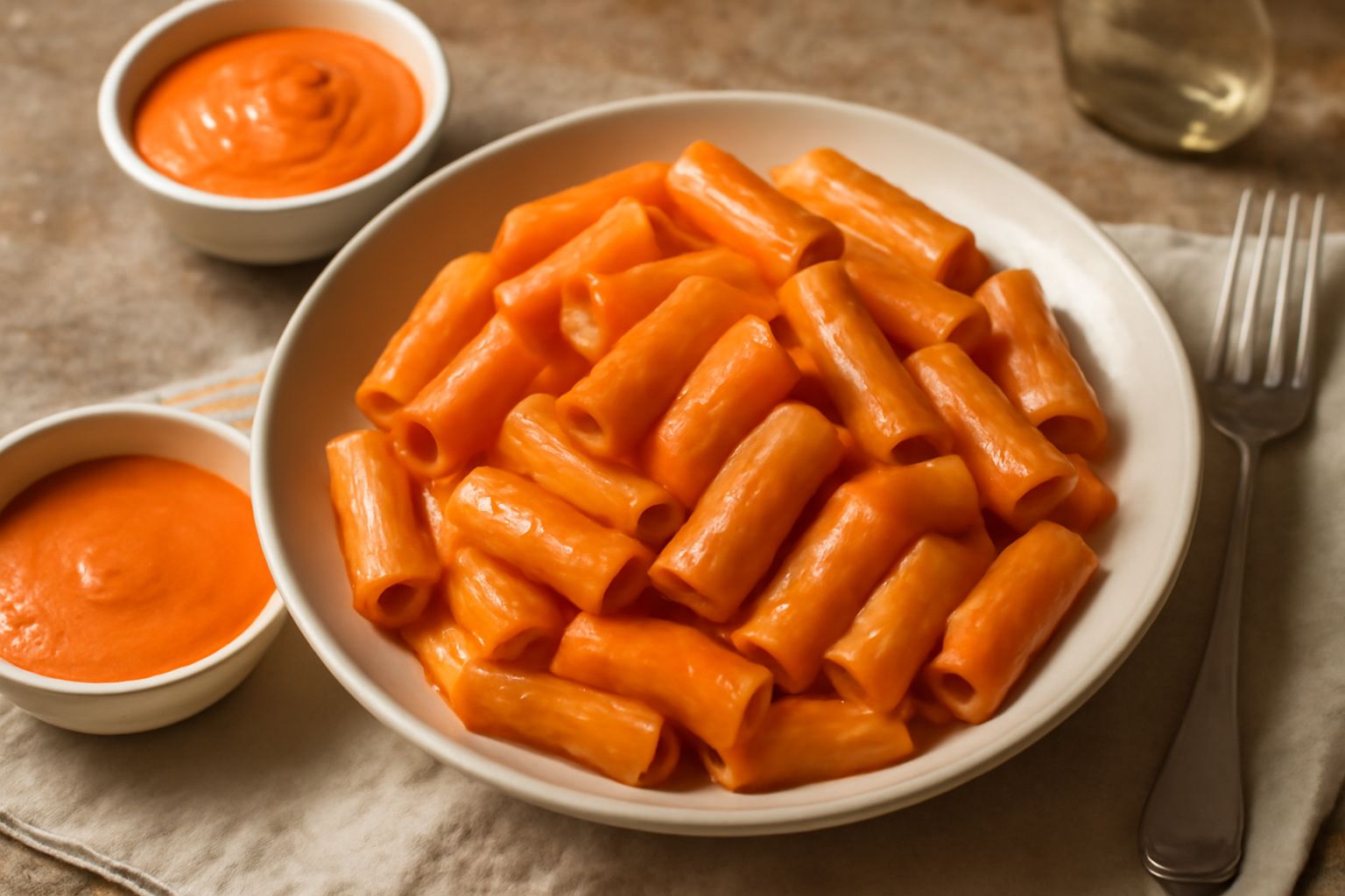 Salsa di peperoni arrosto cremosa di colore rosso arancio in una ciotola di ceramica bianca, con un cucchiaio di legno, accanto peperoni rossi arrostiti e aglio fresco