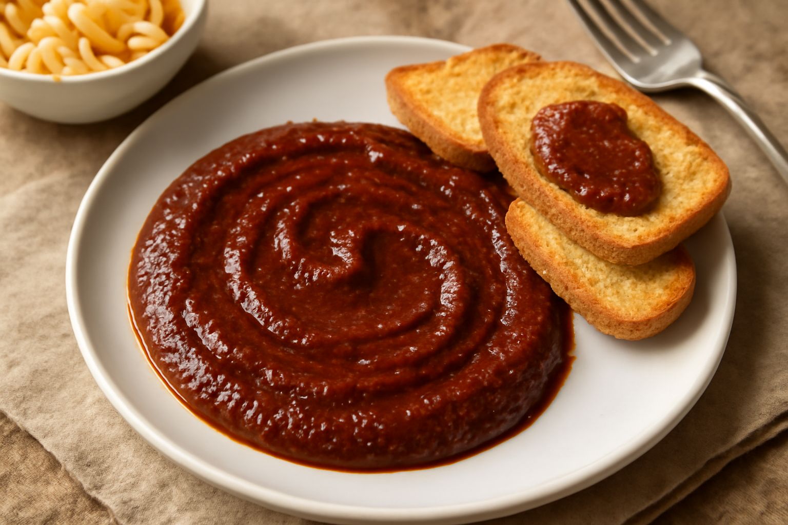 Salsa di peperoni cruschi in una ciotola di ceramica bianca, colore rosso scuro uniforme, con goccioline di olio in superficie, accanto a fette di pane tostato e peperoni secchi interi