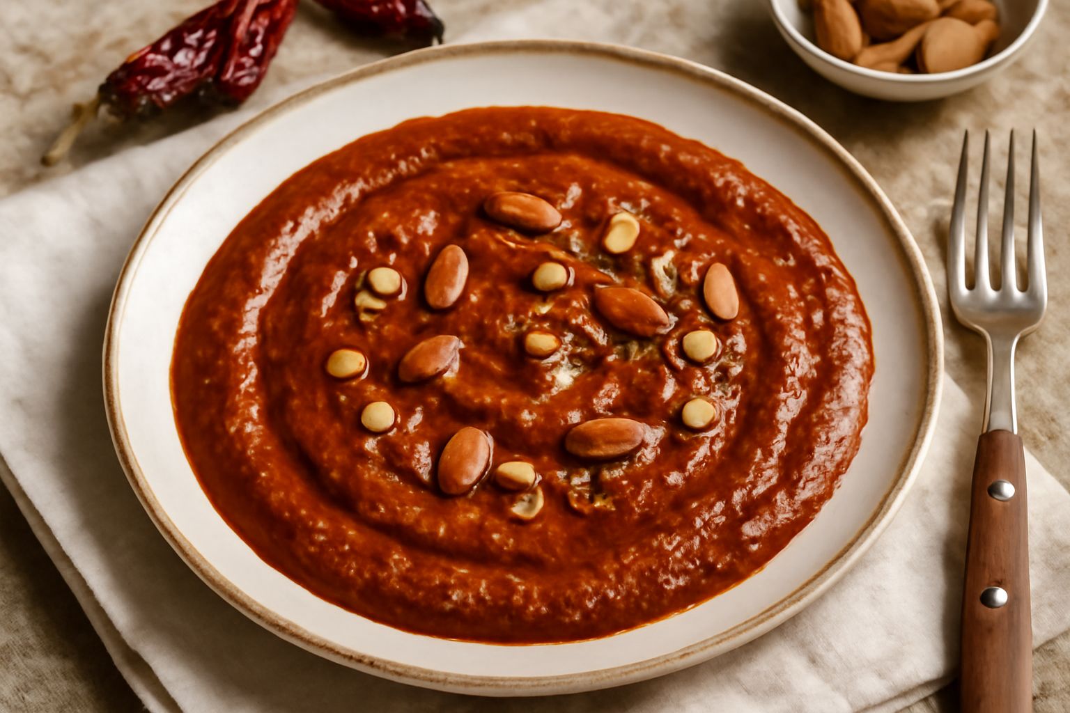 Salsa di colore rosso-marrone in una ciotola bianca, cremosa e densa, guarnita con una mandorla intera, peperoni secchi e filo d'olio dorato attorno, su fondo bianco