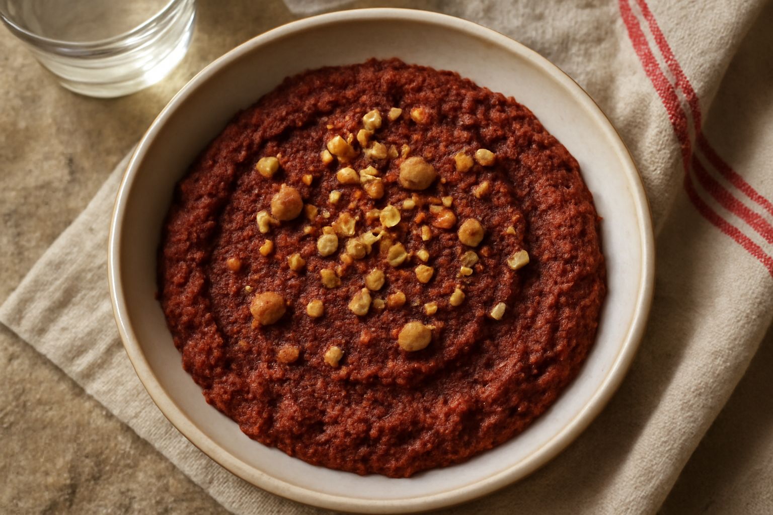Salsa densa di colore rosso scuro in una ciotola bianca, con una consistenza cremosa lievemente granulosa, ricchi di briciole visibili di noci tostate, servita con pezzi di pane tostato e peperoni int