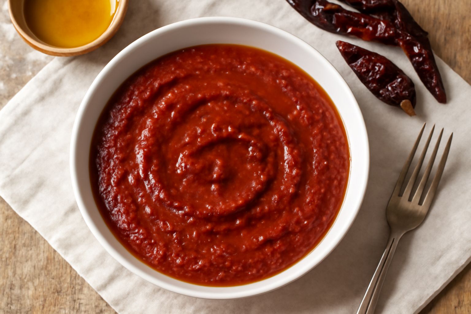 Ciotola di salsa densa rosso scuro con frammenti di peperone, servita con un cucchiaio di legno, accanto a un vasetto di vetro trasparente e pomodori freschi sullo sfondo