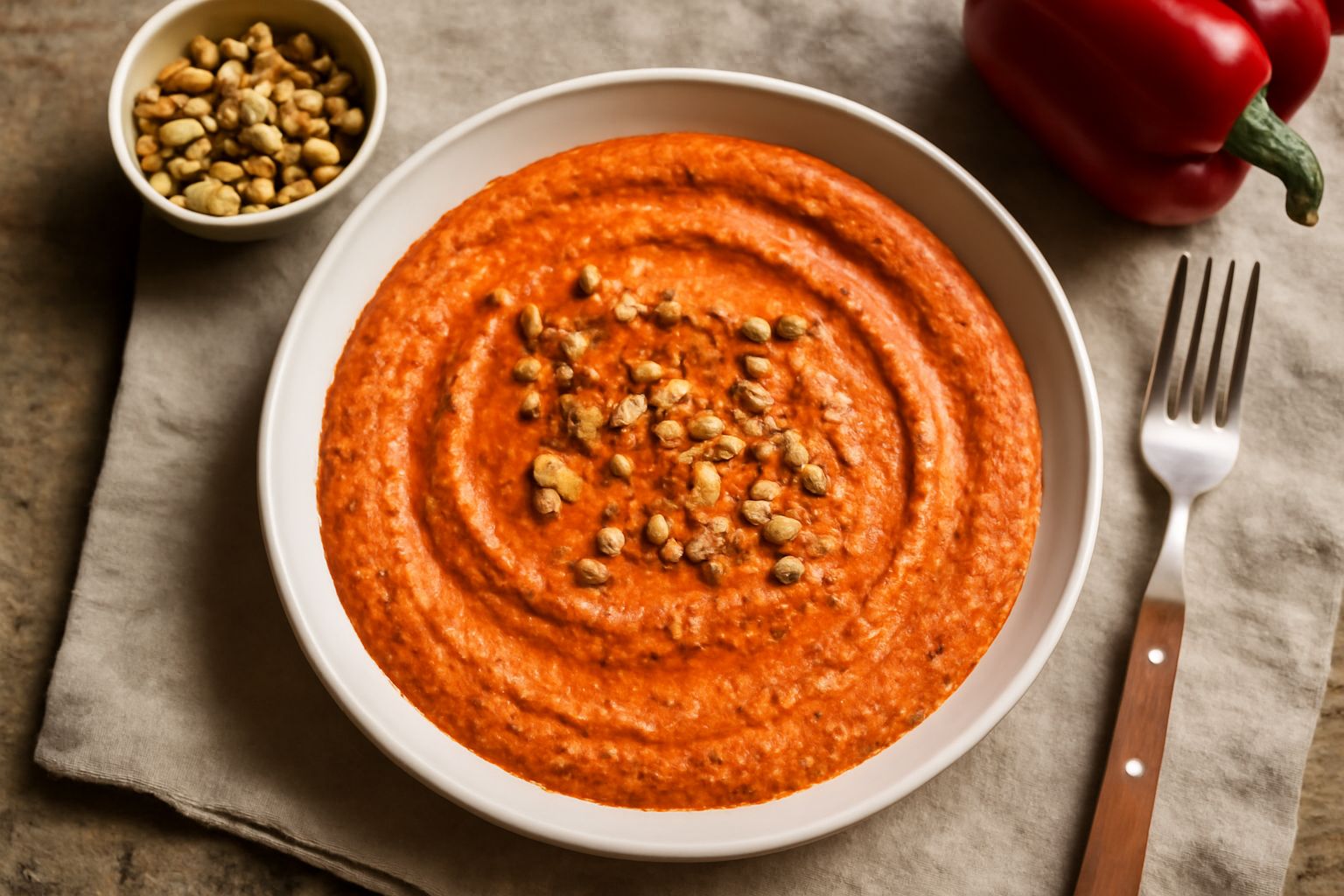 Salsa cremosa rosso-arancio in una ciotola bianca, con visibili frammenti di noce, decorata con un filo di olio verde e una foglia di prezzemolo fresco, con peperoni rossi interi e un mucchietto di no