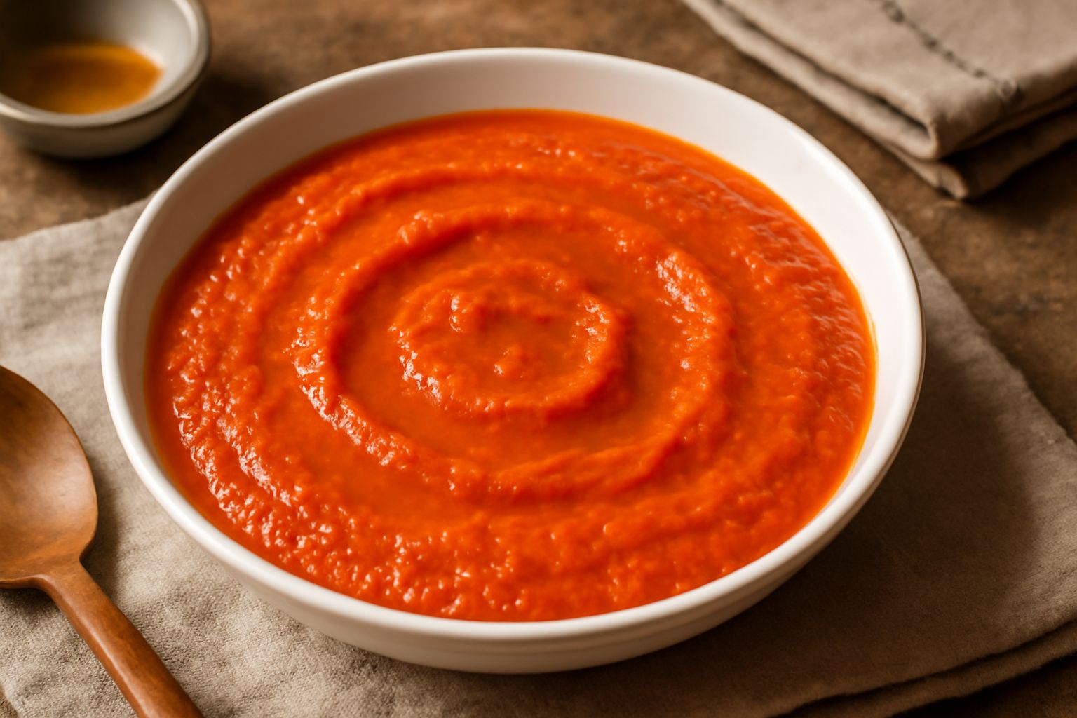 Salsa di peperoni e pomodori in una ciotola di ceramica bianca, colore rosso acceso, con riflessi di olio lucido in superficie, circondato da peperoni rossi e gialli freschi e un cucchiaio di legno ac