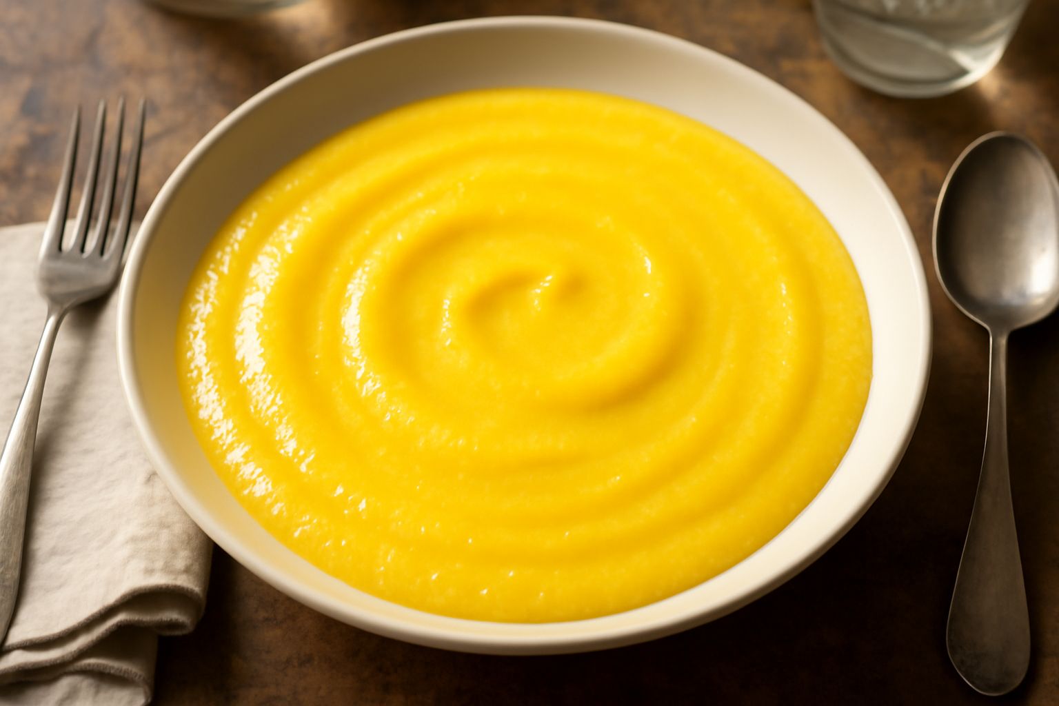 Salsa di peperoni gialli cremosa in ciotola bianca, di color giallo chiaro e brillante, con gocce di olio d'oliva sulla superficie e una foglia di basilico fresco al centro