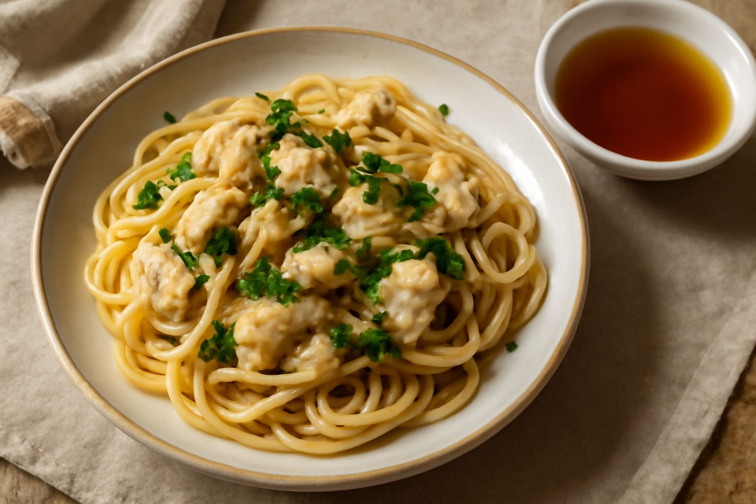 Salsa di pesce brunastro-ambrata in una ciotola di ceramica, trasparente e luminosa, con uno cucchiaio di legno accanto su fondo bianco