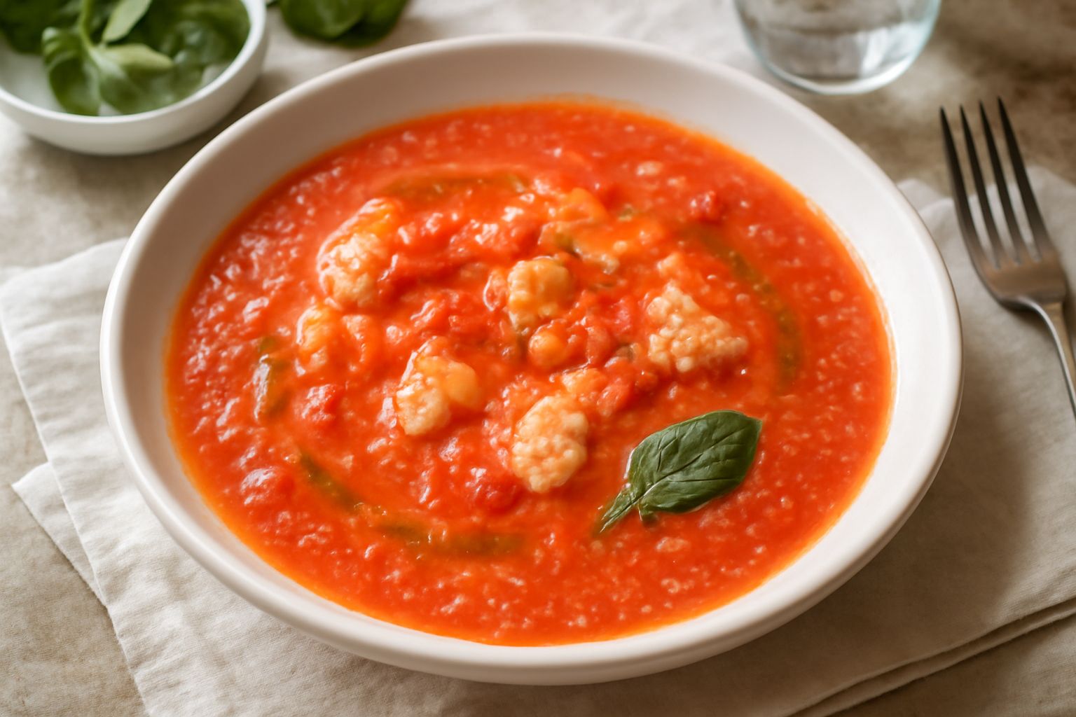 Salsa di pesce e pomodoro color rosso corallo servita in una ciotola bianca, con fili di prezzemolo verde fresco, olio d'oliva lucido in superficie, accompagnata da pasta al dente in un piatto accanto