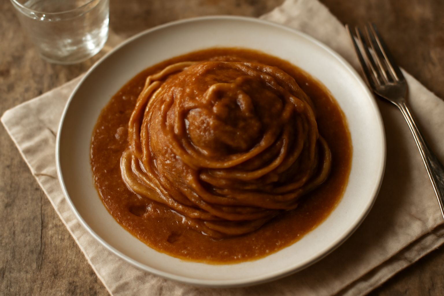 Salsa di pesce povero densa e brunitra in un piatto bianco, con tracce di olio d'oliva brillante, garnita con prezzemolo verde e servita con un cucchiaio di legno