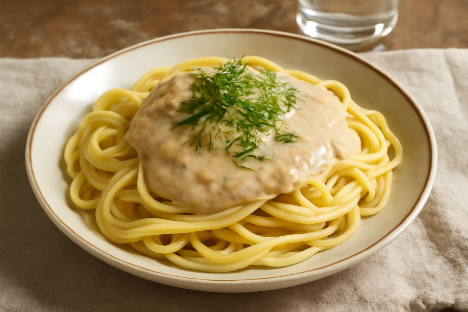 Una ciotola di salsa cremosa beige con fiocchi di pesce spada affumicato visibili, guarnita con aneto fresco verde e un filo di olio in superficie, su fondo bianco