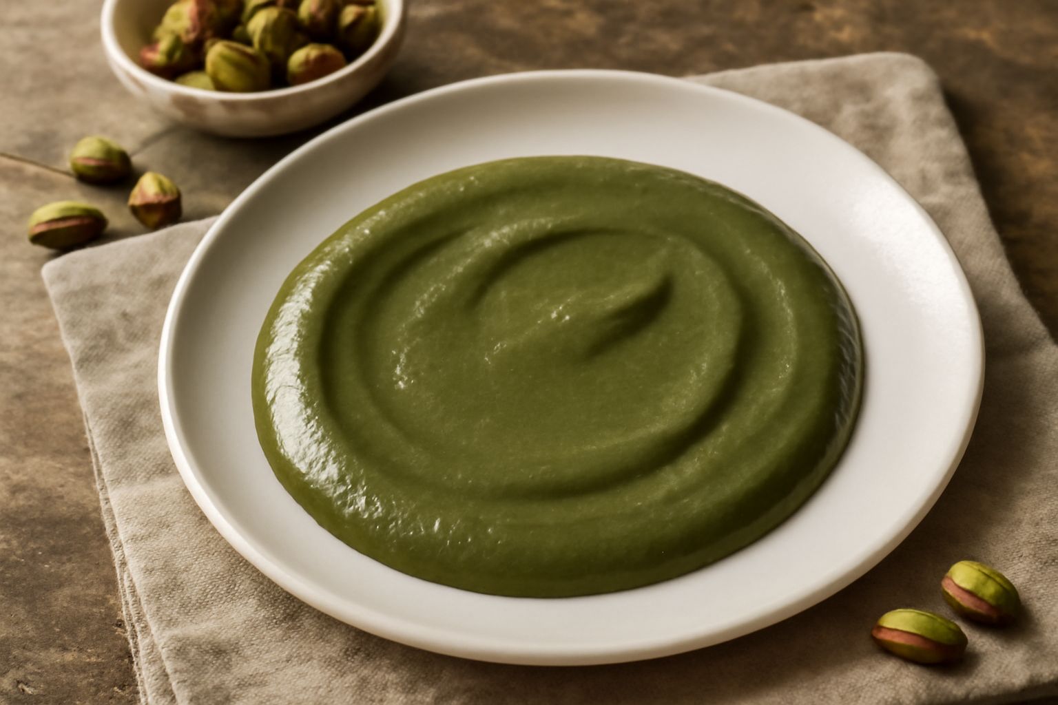 Salsa di pistacchio verde intenso in una ciotola bianca, spalmata con un cucchiaio di legno, su tavolo grigio con pistacchio sgusciati intorno