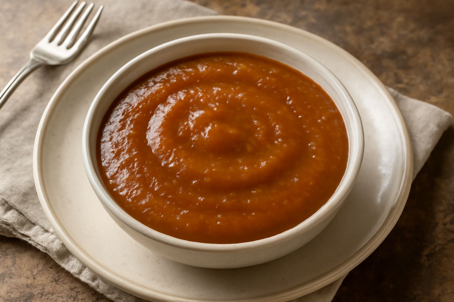 Salsa di pomi marrone scuro in una ciotola di ceramica bianca, con una consistenza densa e omogenea, piccole bolle visibili in superficie, accompagnata da cucchiaio di legno e mela rossa sullo sfondo
