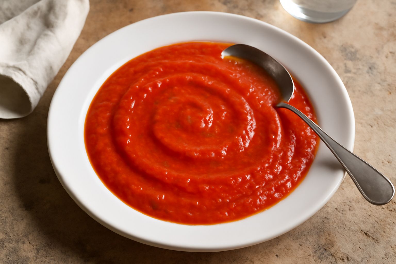 Salsa di pomodoro rosso vivo in pentola di coccio, con bolle di cottura in superficie, aglio brunastro adagiato sulla salsa e gocce di olio extravergine che scendono da un cucchiaio di legno