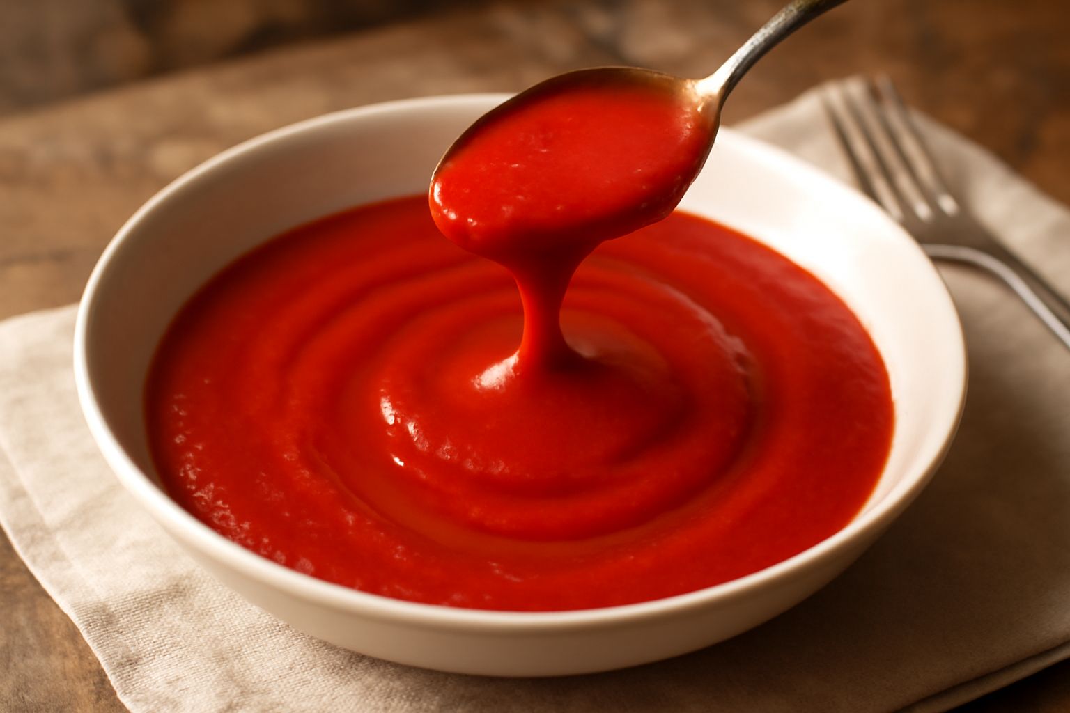 Una pentola in acciaio con salsa di pomodori rosso vivo, guarnita da una foglia di basilico fresco, con pomodori rossi interi sullo sfondo e una cucchiaio di legno poggiato nel bordo