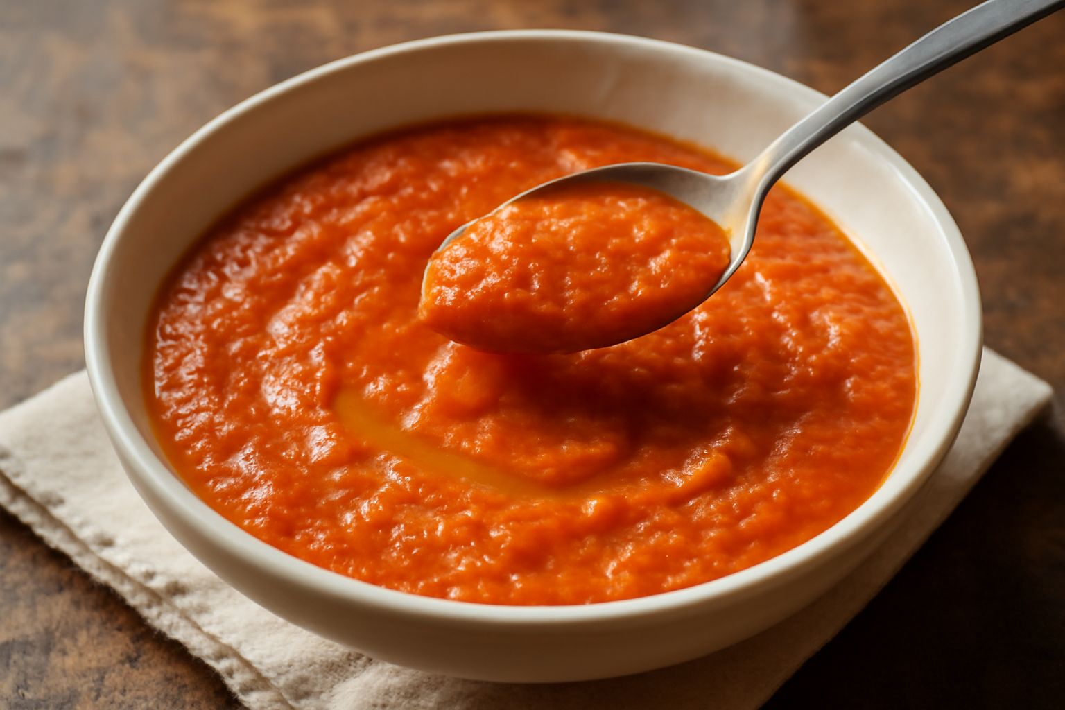 Una ciotola bianca con salsa di pomodoro cremosa e vellutata, colore rosso-arancio uniforme, con pezzi di pane raffermo visibili nella consistenza densa, un cucchiaio di legno dentro, filo di olio d'o