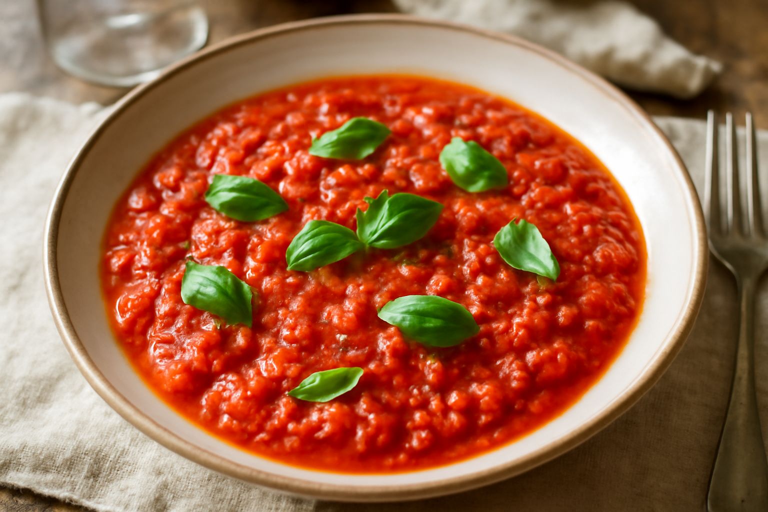 Salsa di pomodori crudi in una ciotola bianca con dadi rossi di pomodoro, fili di basilico verde, gocce d'olio d'oliva, aglio fresco al fianco su tavolo di legno scuro
