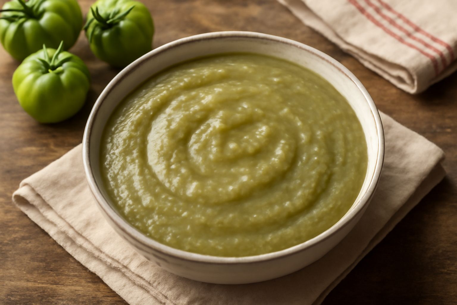 Ciotola bianca con salsa densa color verde pallido, macchiata di piccoli pezzi di pomodoro, cucchiaio in legno appoggiato sul bordo, sfondo chiaro