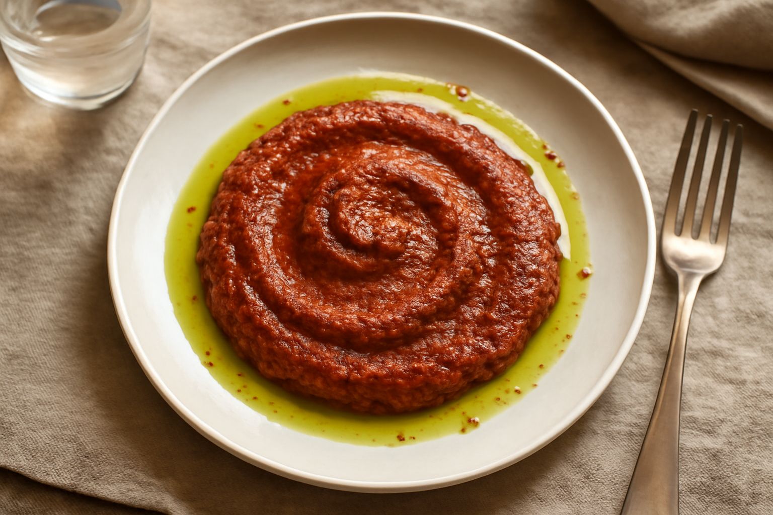Salsa di pomodorini secchi color rosso scuro in una ciotola bianca, con gocce d'olio lucido in superficie e qualche foglia di basilico fresco; accanto, pomodorini secchi non ancora frullati su un tagl